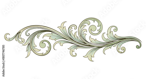 Elegant, detailed illustration of a decorative flourish, featuring swirling leaves and intricate scrollwork.