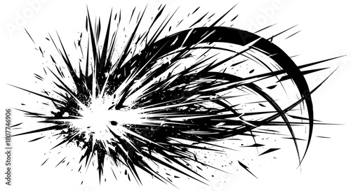 Black and white illustration of an explosion with sharp lines and dynamic movement.