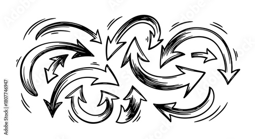 A collection of hand-drawn, sketchy black arrows pointing in various directions on a white background.