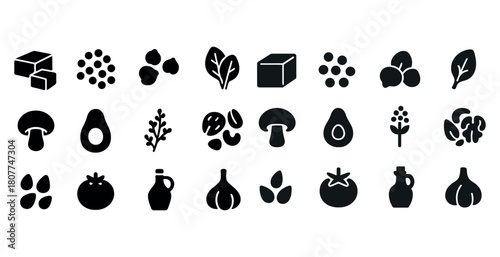 Black and white icons of vegetables and ingredients in a grid layout