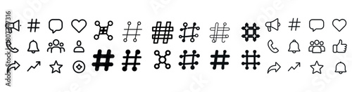 Diverse set of communication and social media icons in black and white