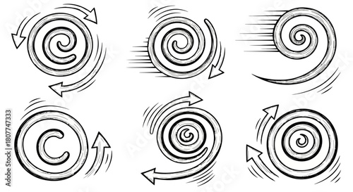 Six black and white spiral designs with arrows indicating direction.