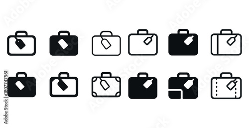 Set of various simple black and white suitcase icons with tags