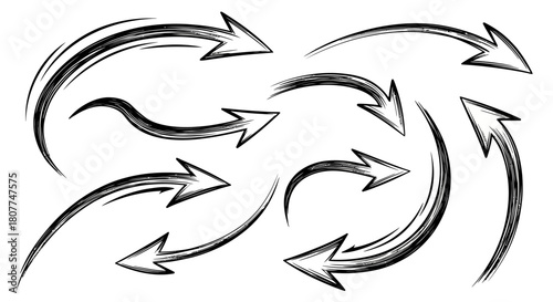 Collection of dynamic, hand-drawn sketch arrows with motion lines on a white background.