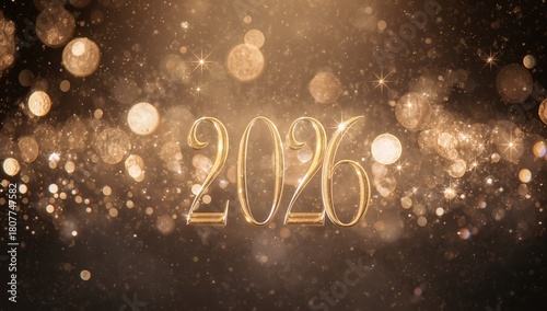 Golden year two thousand and twenty six with bokeh and sparkles on a dark gradient background