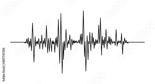 A black and white abstract representation of a fluctuating waveform, possibly an audio signal, heartbeat, or seismic activity.