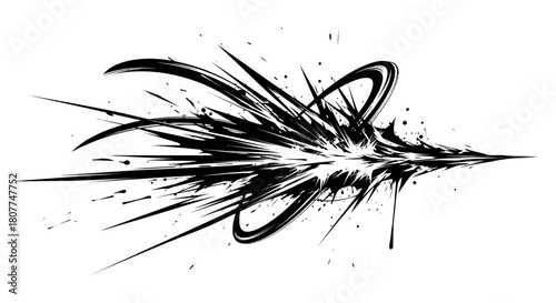 Dynamic black ink splash or abstract brush stroke design on a white background, conveying speed and explosive impact.