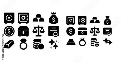 Black and white economic icons set with safe, coins, and gold bars symbols