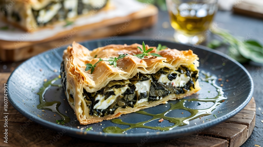 Fototapeta premium Hyper detailed slice of traditional Greek spanakopita spinach feta pie