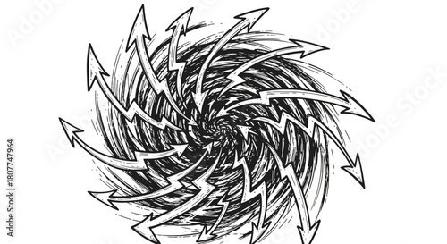 Abstract black and white illustration of a chaotic vortex made of jagged, lightning-like arrows spiraling inwards.
