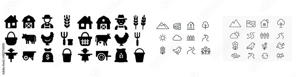 Fototapeta premium Icon set featuring agriculture, nature, and weather symbols