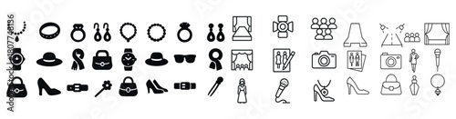 Fashion and photography icon set: clothing, accessories, events, and equipment symbols