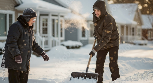 Neighbor Assisting Elderly Person by Shoveling Snow in a Residential Area for Community Support, Winter Awareness, and Social Responsibility Blogs