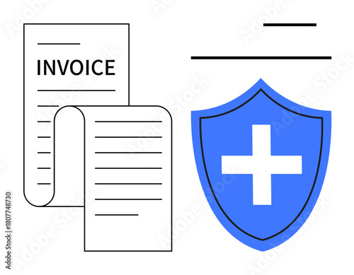 Invoice documents paired with a blue shield and a medical cross, symbolizing financial responsibility, insurance coverage, and healthcare costs. Ideal for billing, finance, protection, safety