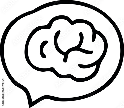 A simple black-and-white line icon of a stylized brain inside a speech bubble, symbolizing thinking, communication, and mental concepts.
