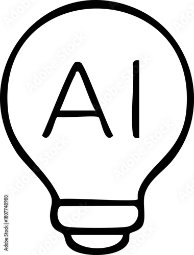 A simple black-and-white lightbulb icon with the letters “AI” inside, symbolizing artificial intelligence ideas, innovation, and bright technological concepts.