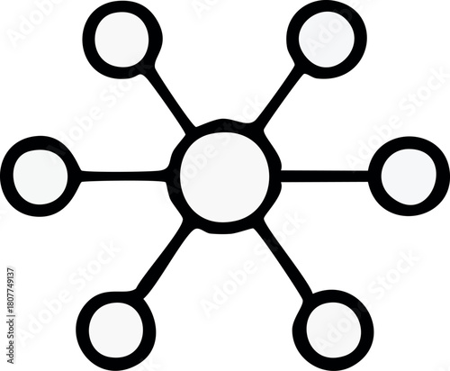 A minimal black-and-white network icon showing one central circle connected to five surrounding nodes, symbolizing communication, connectivity, and data links.