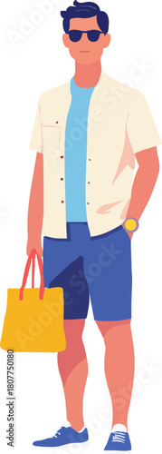 A casually dressed man in sunglasses stands confidently with a yellow tote bag, wearing a light shirt, blue shorts, and sneakers in a relaxed summer look.