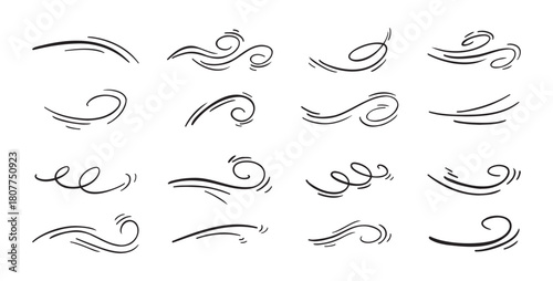 Doodle wind line sketch set. Hand drawn doodle wind air blow, swirl elements.