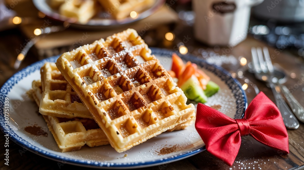 Fototapeta premium Inviting close-up of stacked churro waffles with sugar and festive bow
