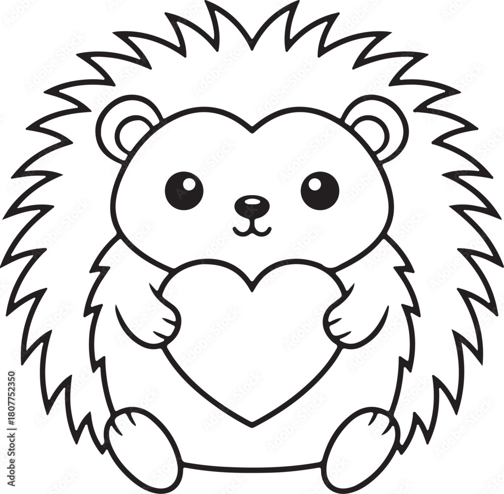 Fototapeta premium Cute cartoon hedgehog outline holding a heart, perfect for kids coloring books and valentine's day designs, vector illustration.