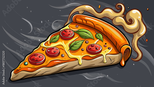 Very beautiful steaming hot New York–style pizza slice with golden crust, stretching melted cheese, fresh toppings, and rising steam, presented on a textured slate plate against a rich dark background