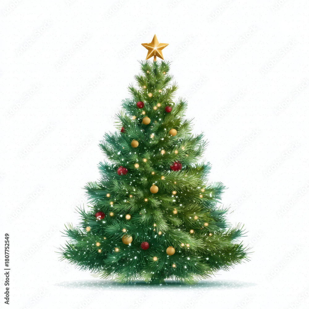 Fototapeta premium A Christmas tree decorated with ornaments and a star on top.