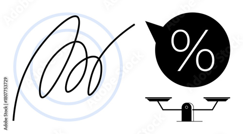 Abstract signature with circular backdrop, percentage in speech bubble, balanced scale icon. Ideal for ethics, business decisions, financial integrity, valuation, justice concepts, communication