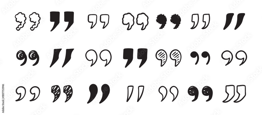 Fototapeta premium Quotation mark doodle hand drawn set. Quotation marks drawing for quotes template