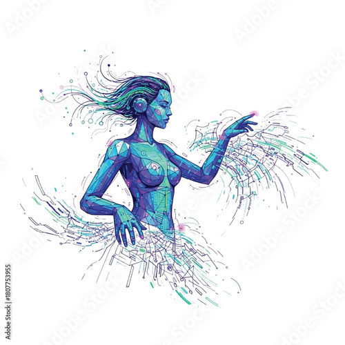 Futuristic woman DJ illustration, vibrant design for tech startup branding and music festival promotions, showcasing innovation and digital artistry