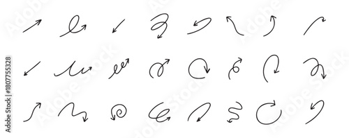 Doodle spiral arrows set. Hand drawn arrows. Design quirky twist line, curve wave arrow. 