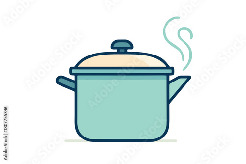 A minimalist cartoon style illustration of a cooking pot with a lid on and steam coming from it. Depicts food preparation and culinary arts.	