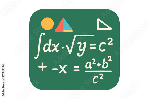An illustration of various mathematical formulas and symbols on a green chalkboard with geometric shapes. Simple and clean design suitable for education, school, or science themes.	