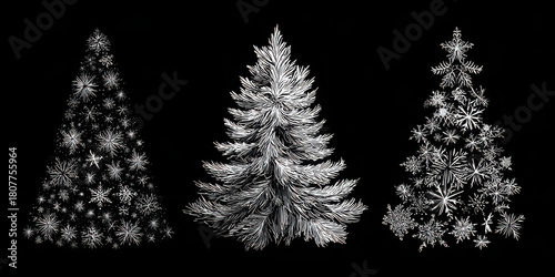 Three stylized Christmas trees in white on a black background, creating a festive and minimalist holiday scene.