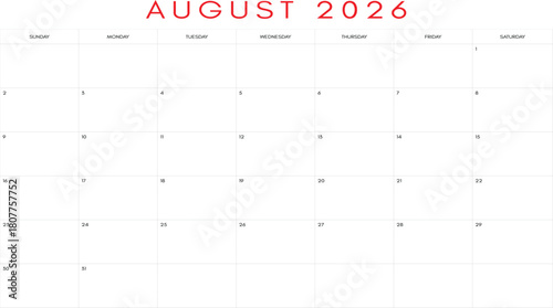 Clean august 2026 calendar grid, August 2026 Calendar Design - Back to School & Summer End