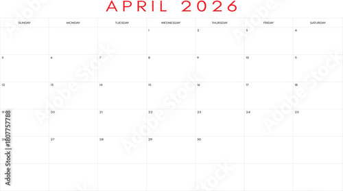 Clean april 2026 calendar grid, April 2026 Calendar - Fresh Monthly Planner Vector