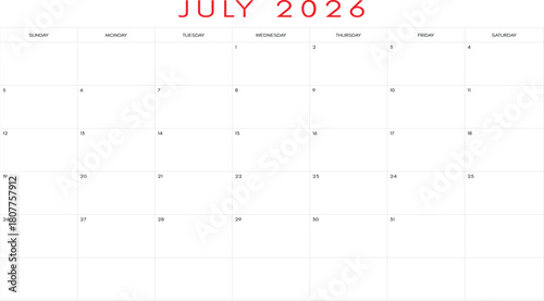 Clean july 2026 calendar grid, July 2026 Monthly Planner - Summer Holiday Calendar