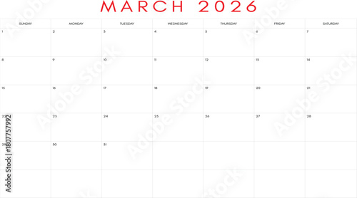 Clean march 2026 calendar grid, March, Spring, Spring Equinox, Planning, Growth, Seasonal
