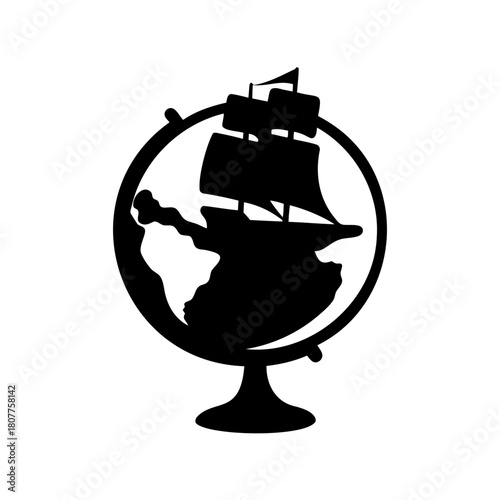 Old ship sailing around the world globe exploration icon. Vector, illustration