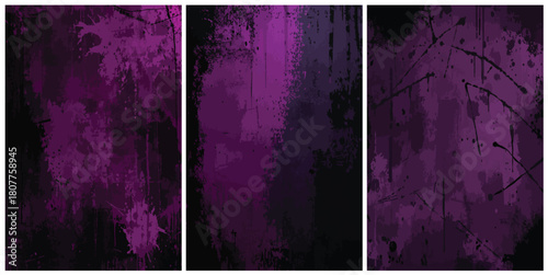 Abstract purple and black triptych featuring textured brushstrokes ideal for modern art prints and backgrounds