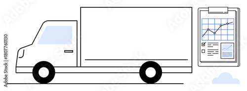 Logistic truck with clipboard featuring growth chart and checklist for delivery tracking. Ideal for logistics, supply chain, transportation, shipping, data analysis, business growth, management