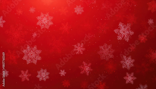 Vibrant red Christmas background with elegant white snowflakes falling gently through the air.