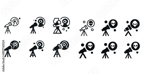 Black and white telescope and alien icons set including space exploration symbols