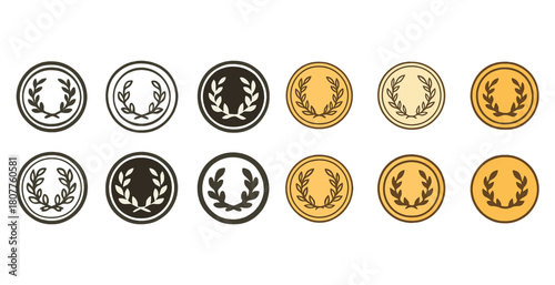 Collection of laurel wreath emblems in black and gold circles