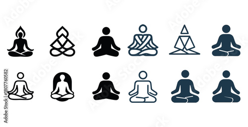 Set of meditation icon variations in different styles and poses
