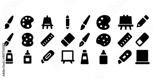 Black and white art tools icon set featuring easels brushes and palettes