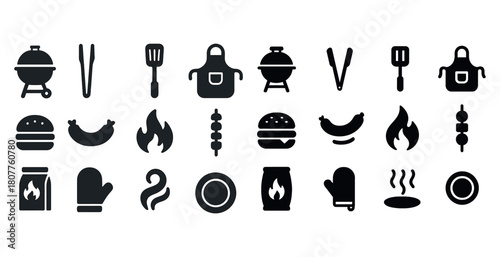 Barbecue icons set: grill, utensils, food, and flames silhouettes collection