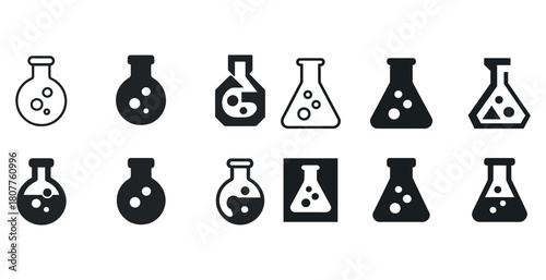 Set of twelve laboratory flask icons in black and white