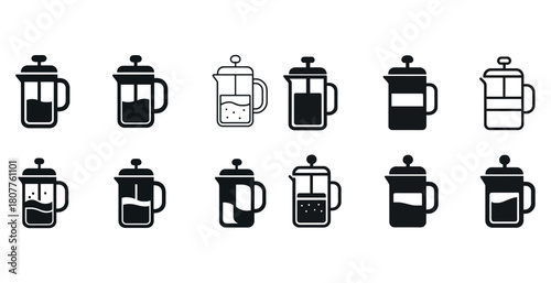 Set of french press coffee maker silhouettes in various designs