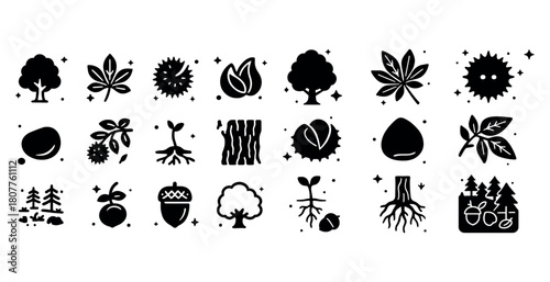 Nature icons: trees, leaves, seeds, roots, and forest silhouettes